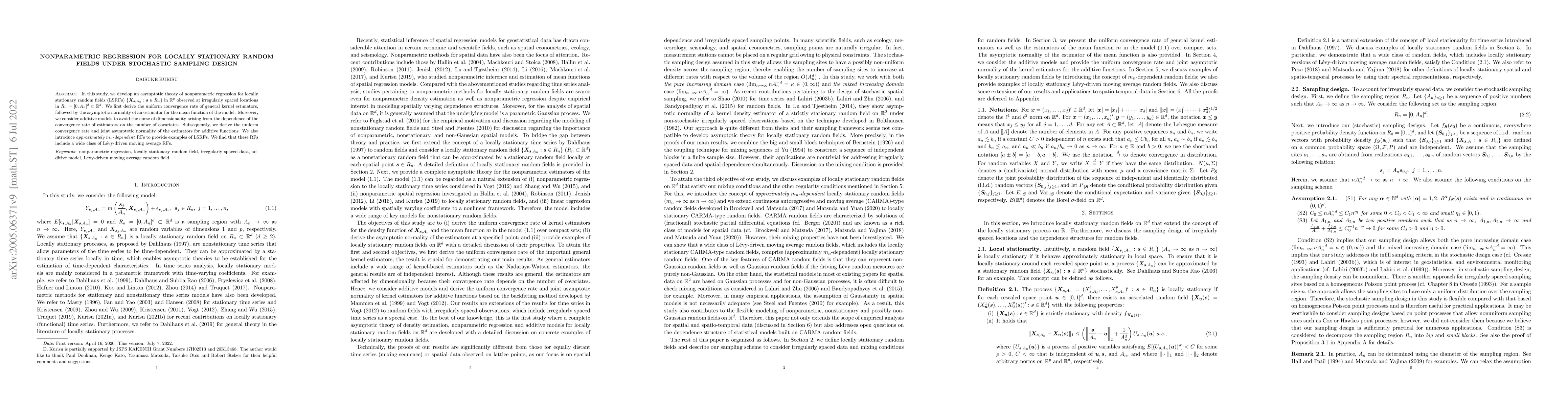 Thumbnail for Nonparametric regression for locally stationary random fields under
  stochastic sampling design