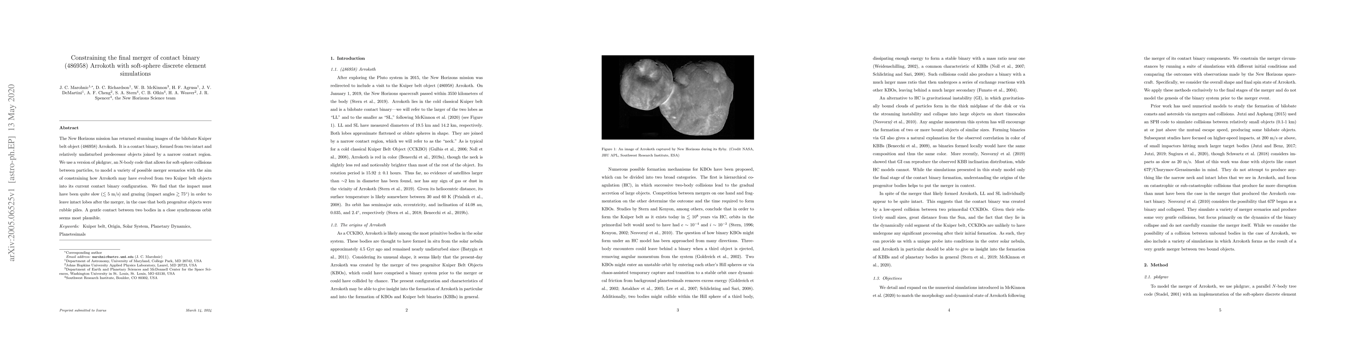 Thumbnail for Constraining the final merger of contact binary(486958) Arrokoth with
  soft-sphere discrete element simulations