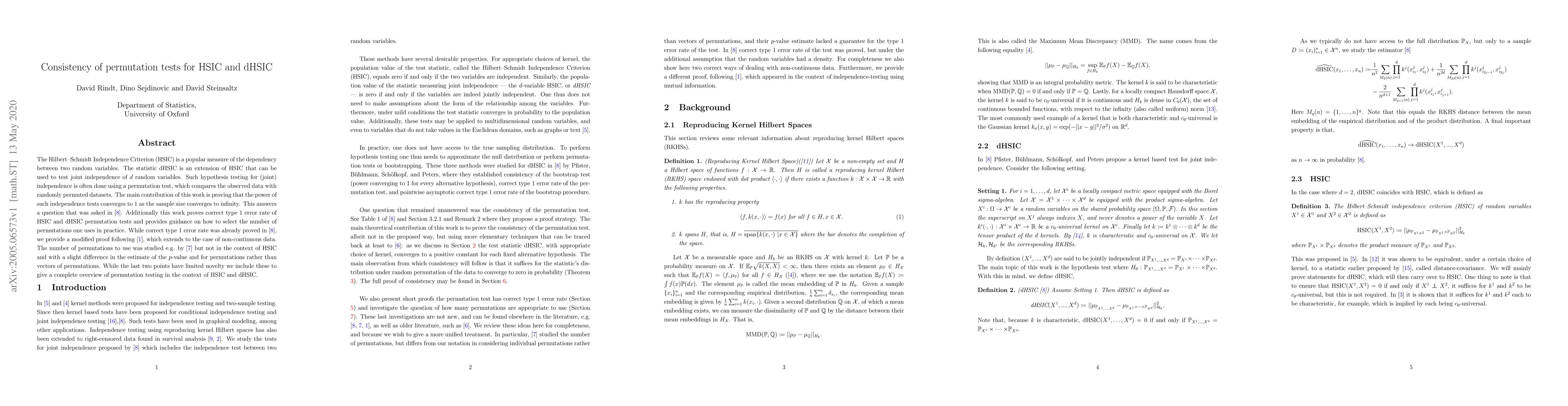Thumbnail for Consistency of permutation tests for HSIC and dHSIC