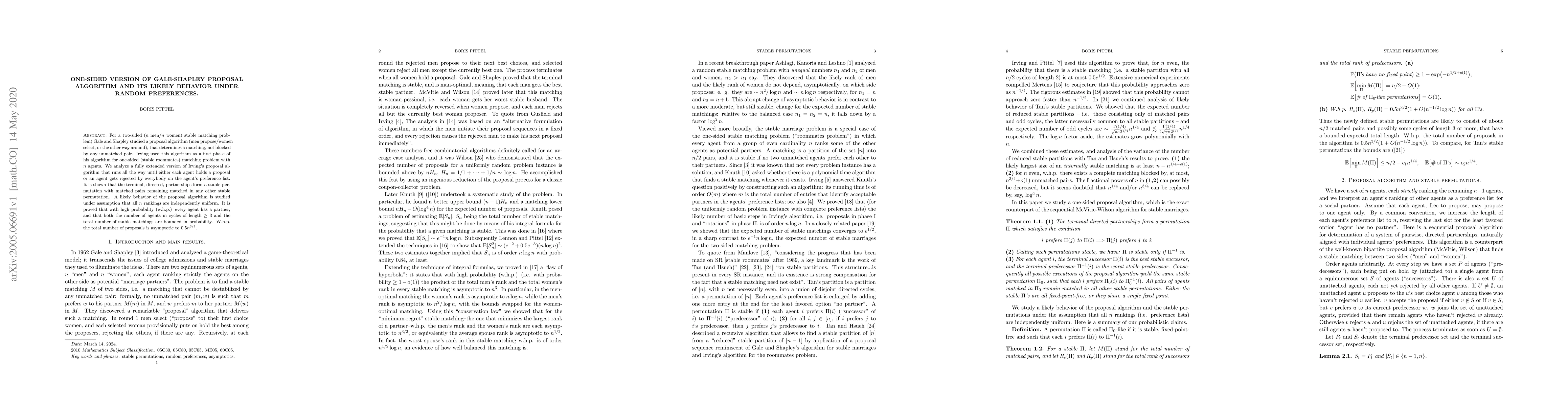 Thumbnail for One-sided version of Gale-Shapley proposal algorithm and its likely
  behavior under random preferences