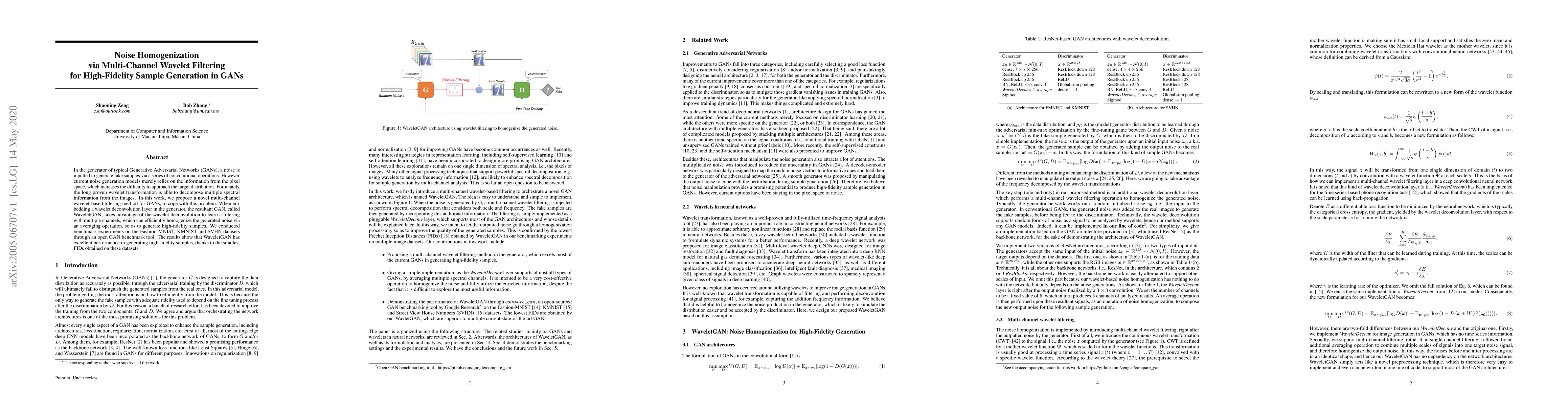 Thumbnail for Noise Homogenization via Multi-Channel Wavelet Filtering for
  High-Fidelity Sample Generation in GANs