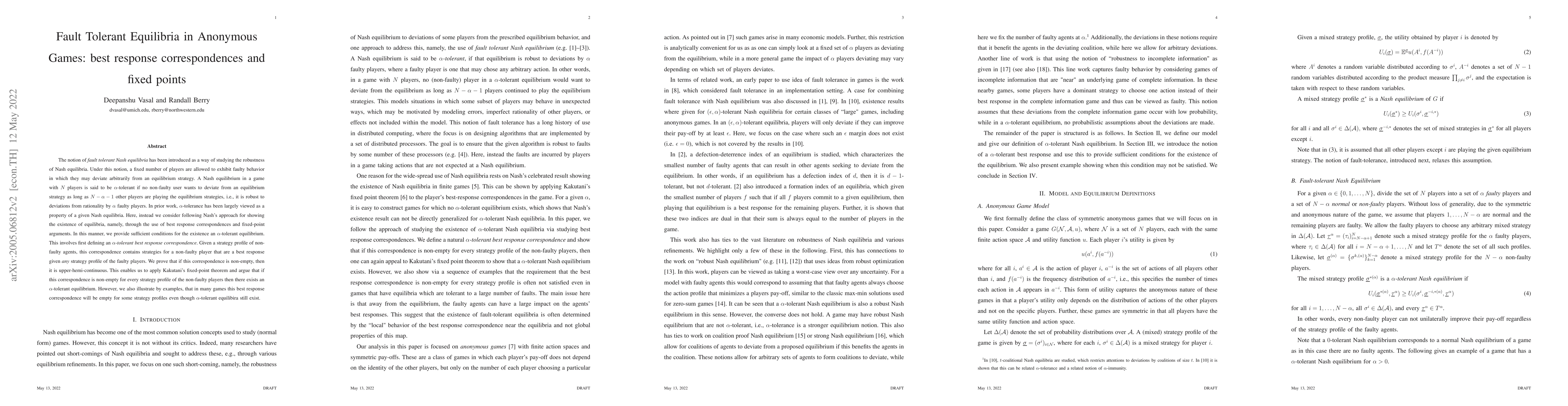 Thumbnail for Fault Tolerant Equilibria in Anonymous Games: best response
  correspondences and fixed points