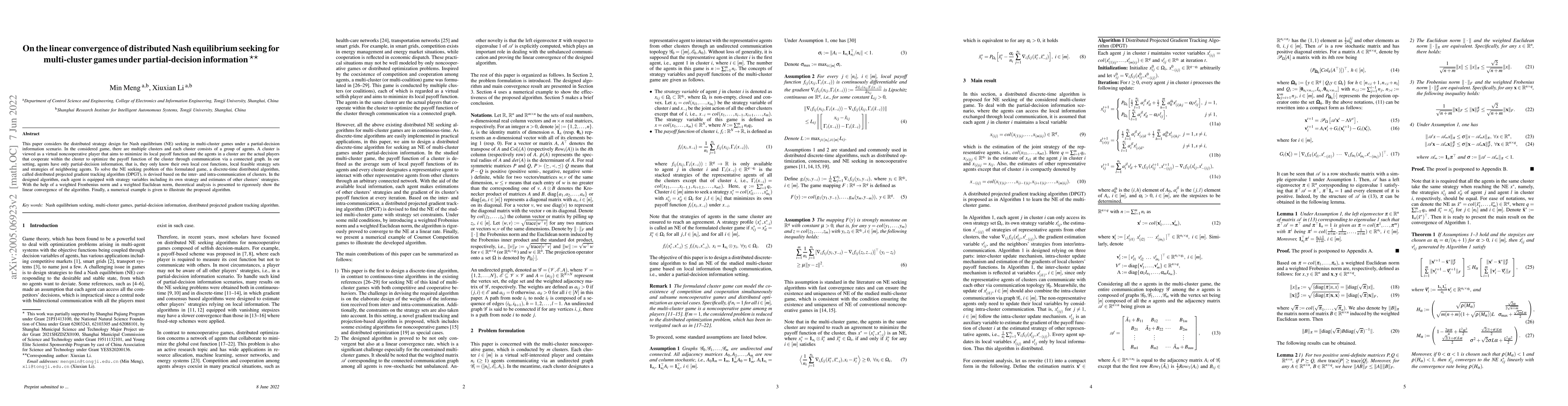 Thumbnail for On the linear convergence of distributed Nash equilibrium seeking for
  multi-cluster games under partial-decision information