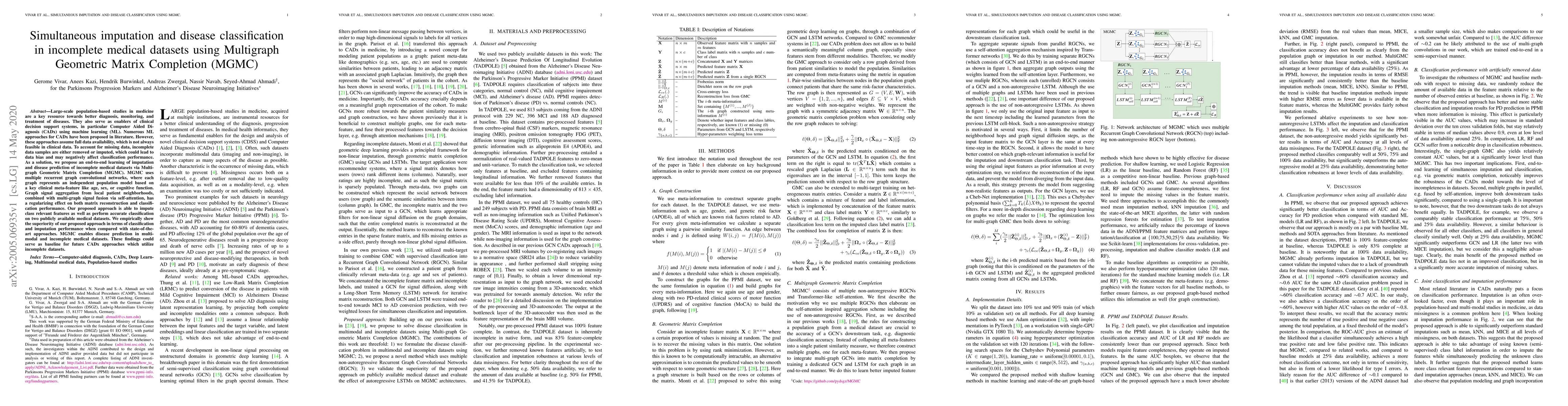 Thumbnail for Simultaneous imputation and disease classification in incomplete medical
  datasets using Multigraph Geometric Matrix Completion (MGMC)