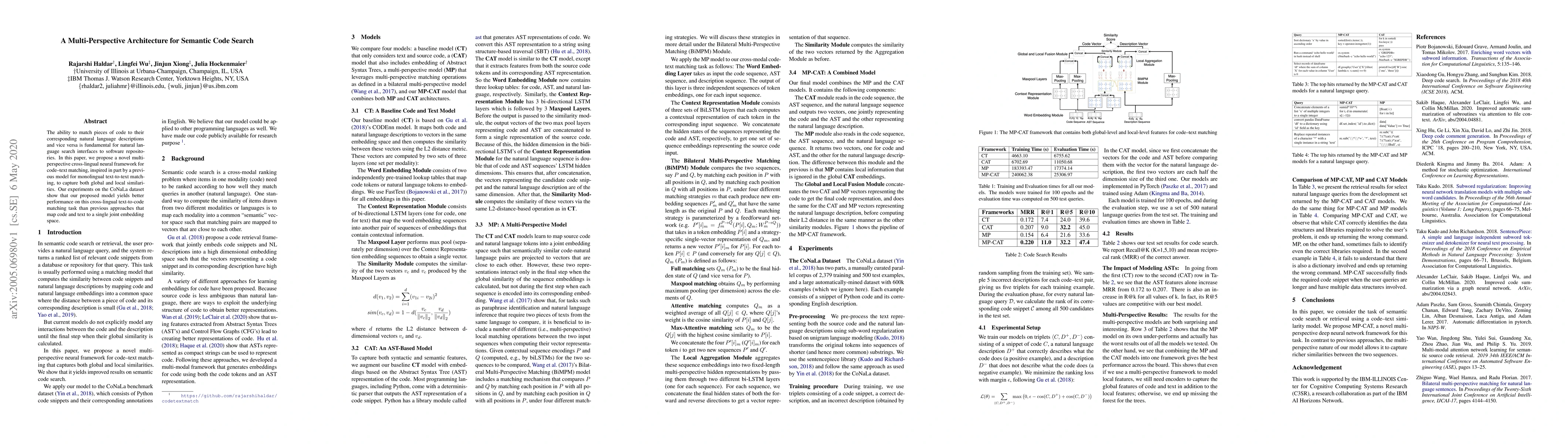 Thumbnail for A Multi-Perspective Architecture for Semantic Code Search