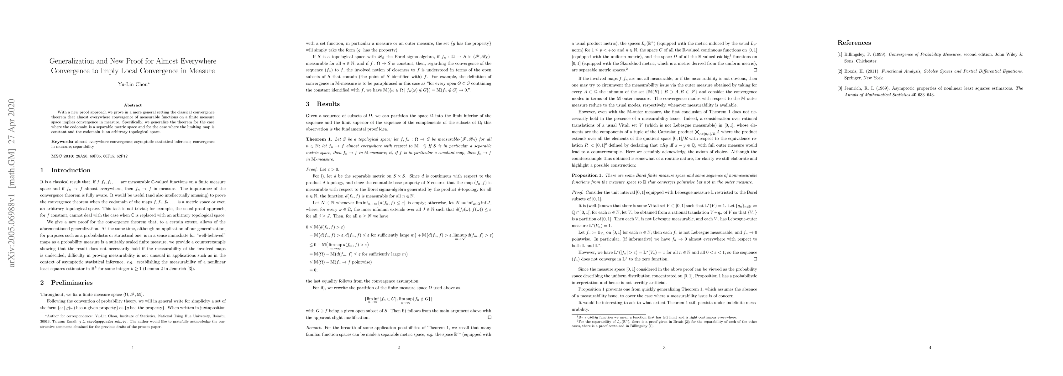 Thumbnail for Generalization and New Proof for Almost Everywhere Convergence to Imply
  Local Convergence in Measure