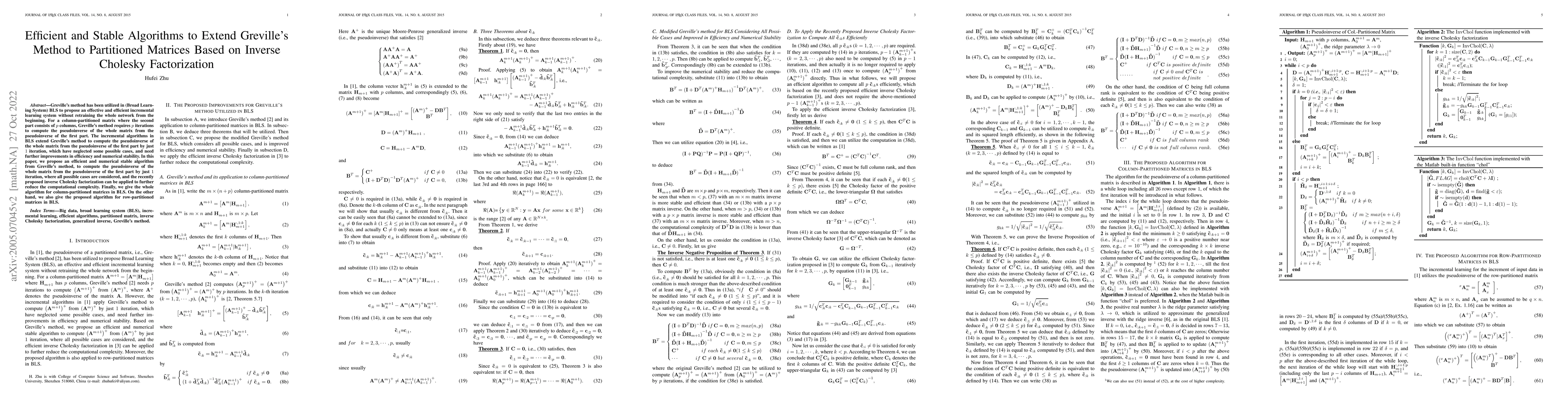 Thumbnail for Efficient and Stable Algorithms to Extend Greville's Method to
  Partitioned Matrices Based on Inverse Cholesky Factorization