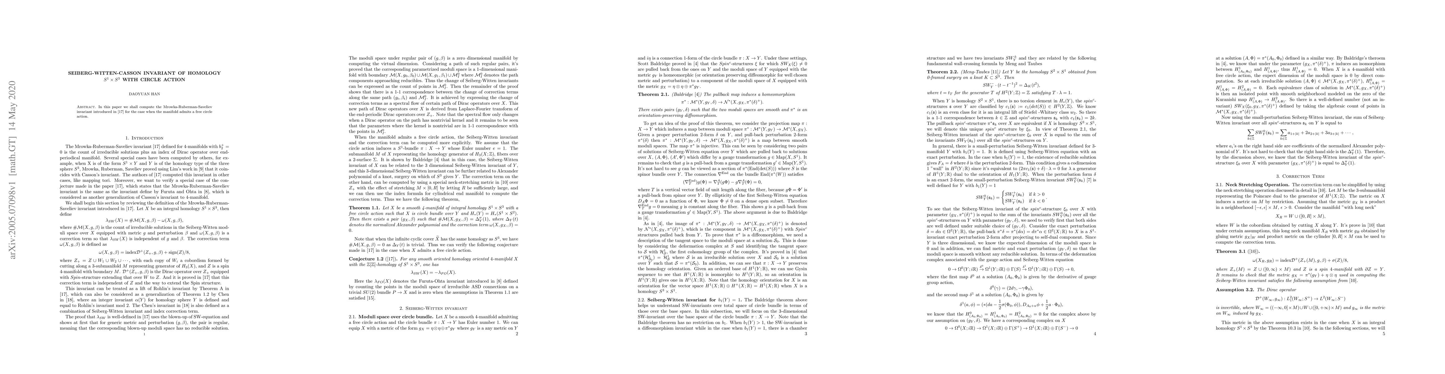 Thumbnail for Seiberg-Witten-Casson Invariant of Homology $S^1 \times S^3$ with Circle
  Action