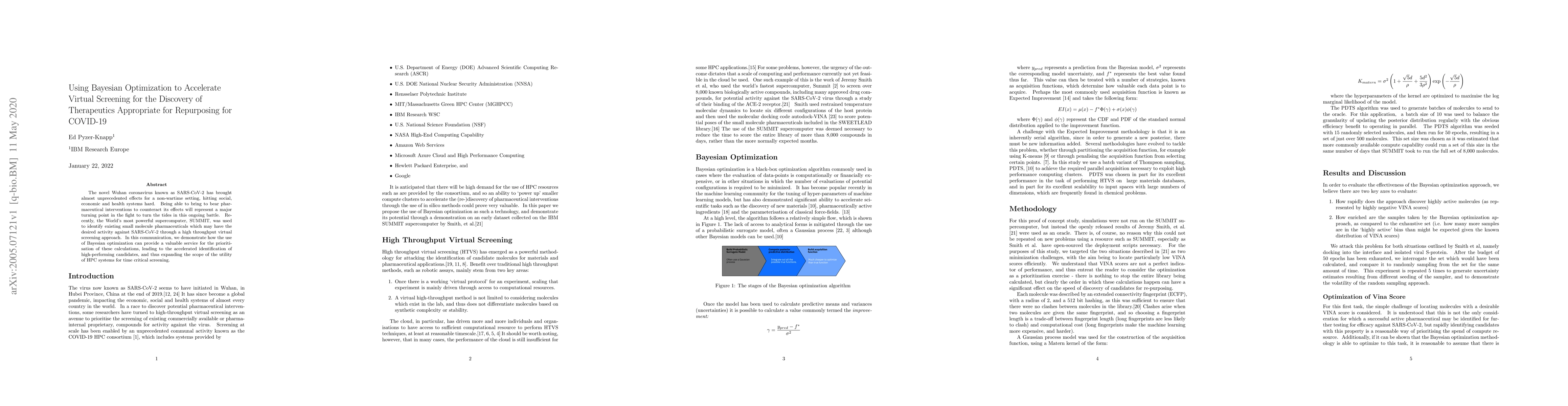 Thumbnail for Using Bayesian Optimization to Accelerate Virtual Screening for the
  Discovery of Therapeutics Appropriate for Repurposing for COVID-19