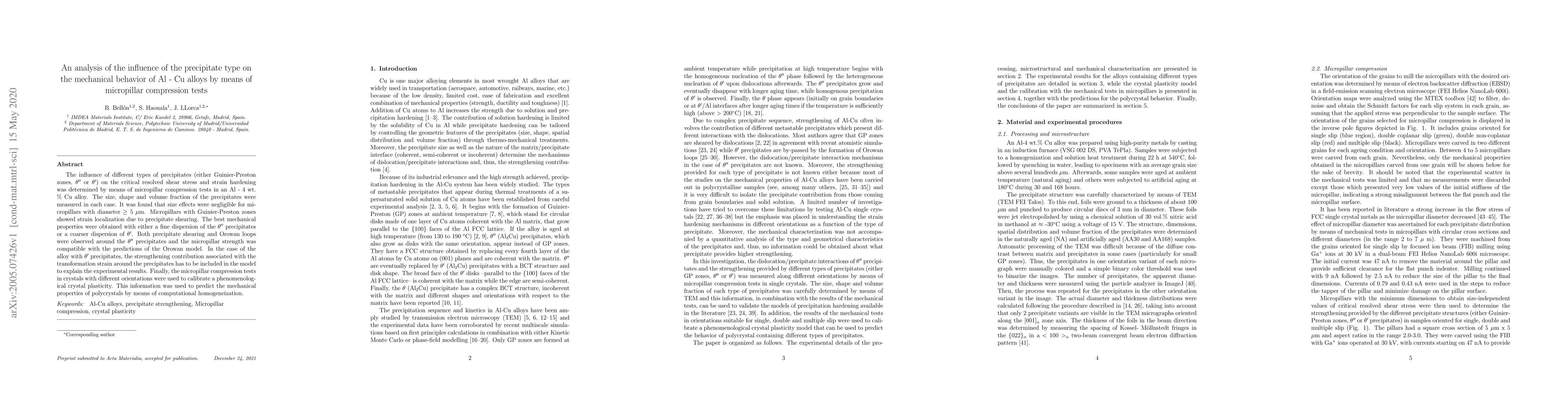 Thumbnail for An analysis of the influence of the precipitate type on the mechanical
  behavior of Al-Cu alloys by means of micropillar compression tests