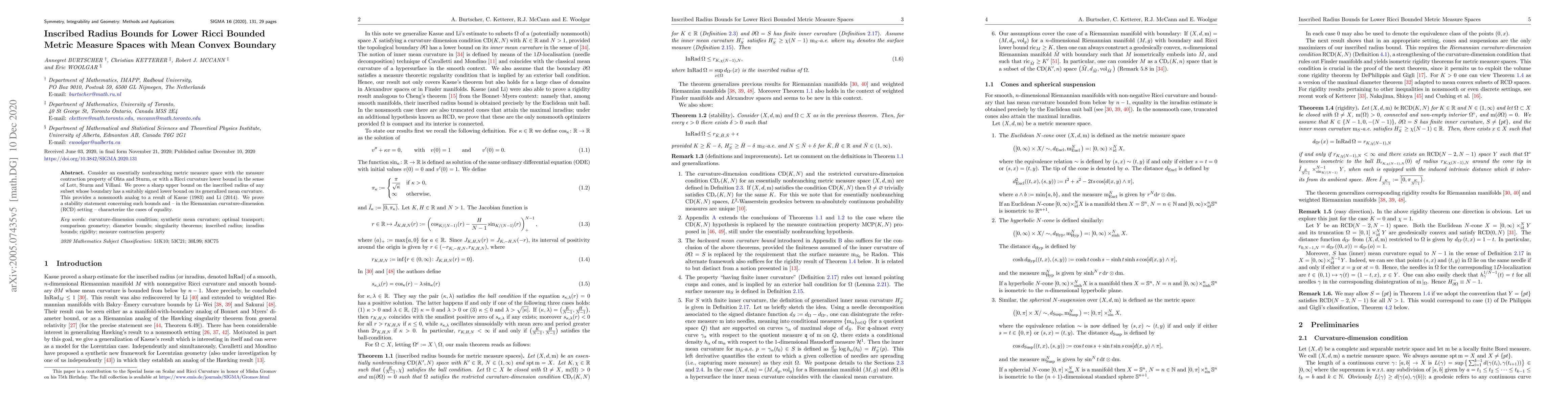 Thumbnail for Inscribed Radius Bounds for Lower Ricci Bounded Metric Measure Spaces
  with Mean Convex Boundary