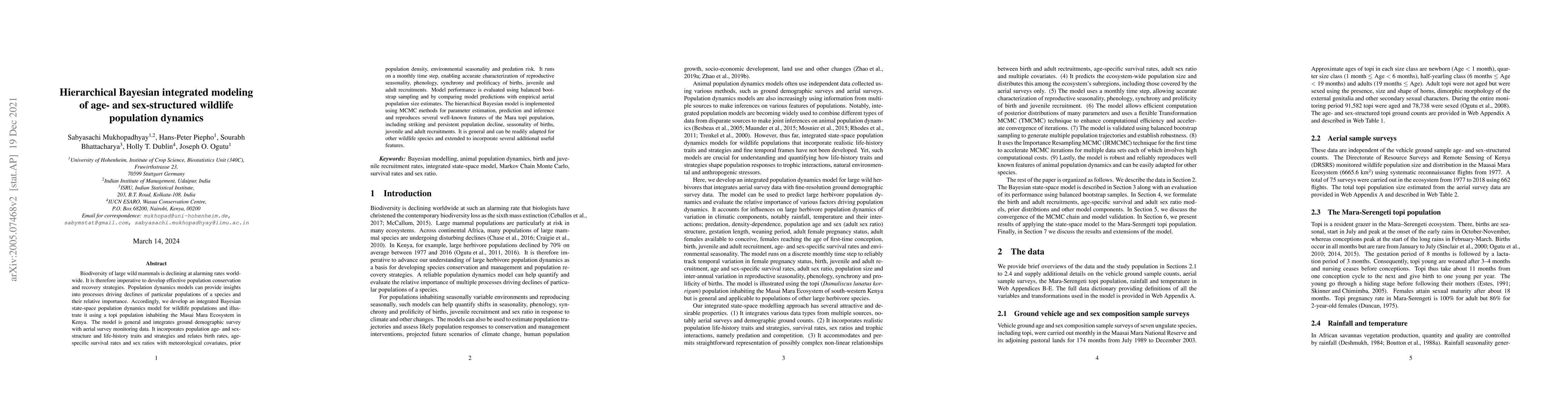 Thumbnail for Hierarchical Bayesian state-space modeling of age- and sex-structured
  wildlife population dynamics