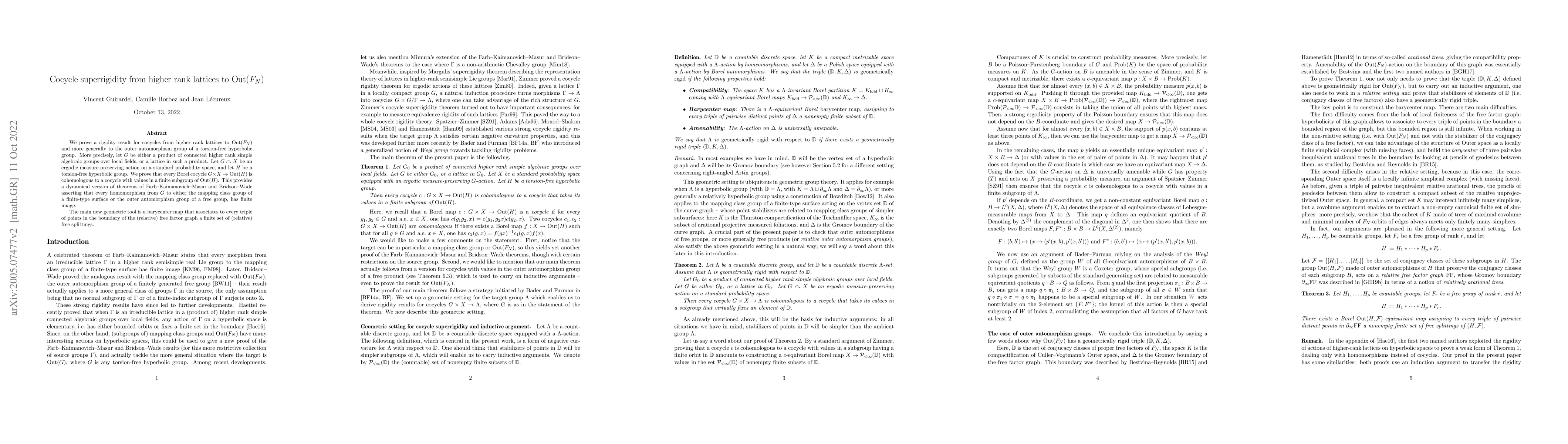 Thumbnail for Cocycle superrigidity from higher rank lattices to $\mathrm{Out}(F_N)$