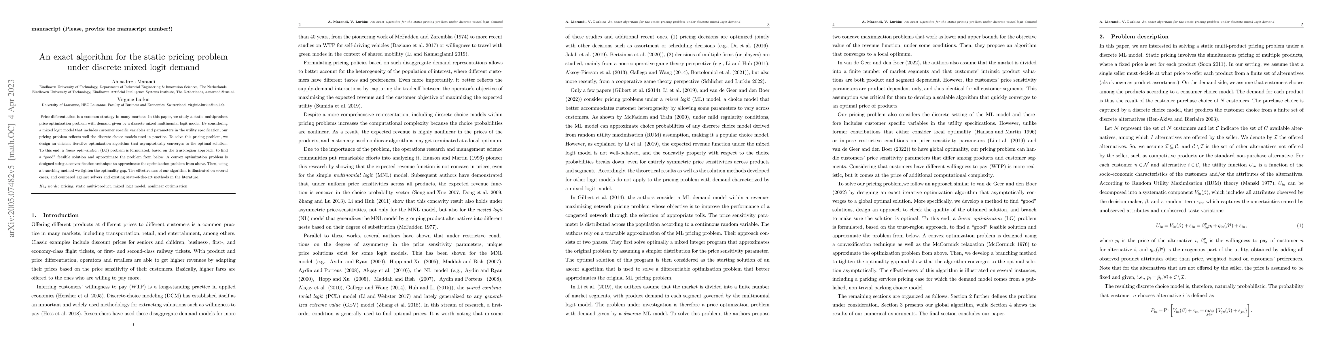 Thumbnail for An exact algorithm for the static pricing problem under discrete mixed
  logit demand