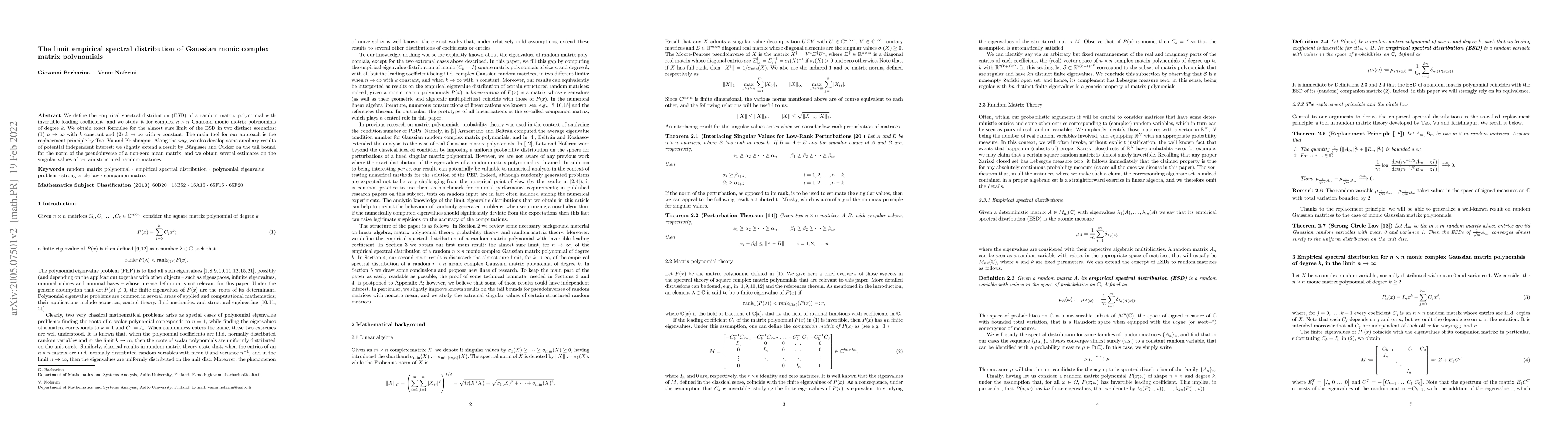 Thumbnail for The limit empirical spectral distribution of Gaussian monic complex
  matrix polynomials
