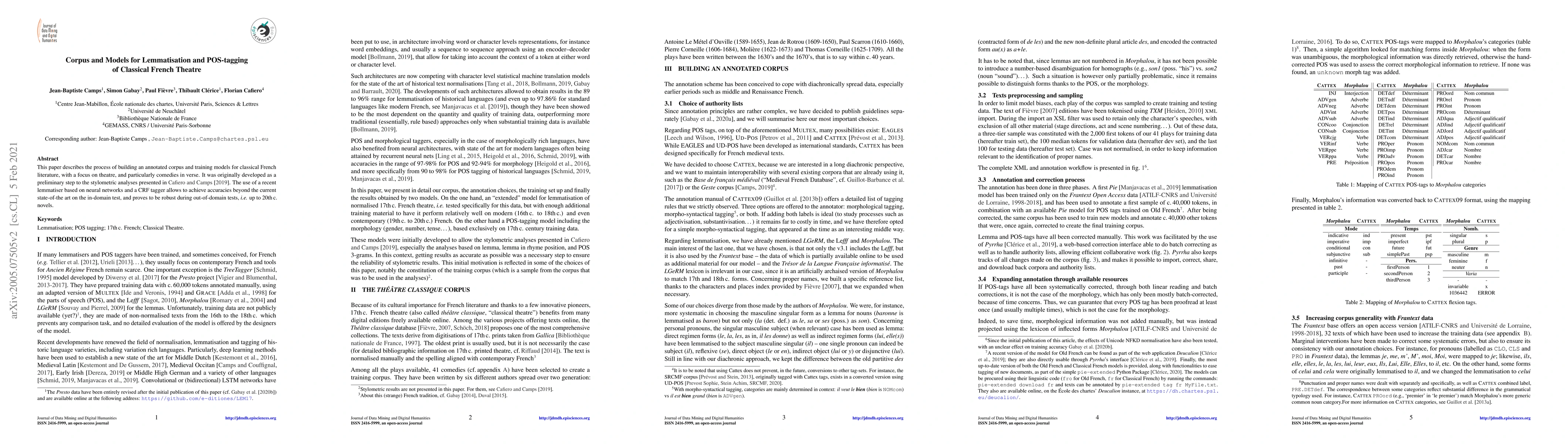 Thumbnail for Corpus and Models for Lemmatisation and POS-tagging of Classical French
  Theatre