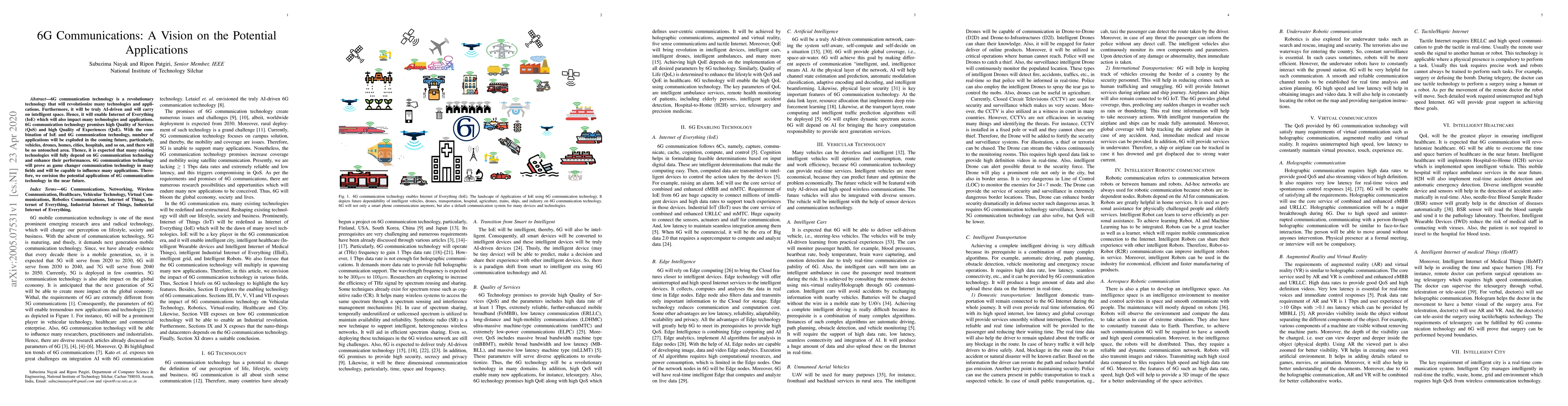 Thumbnail for 6G Communications: A Vision on the Potential Applications
