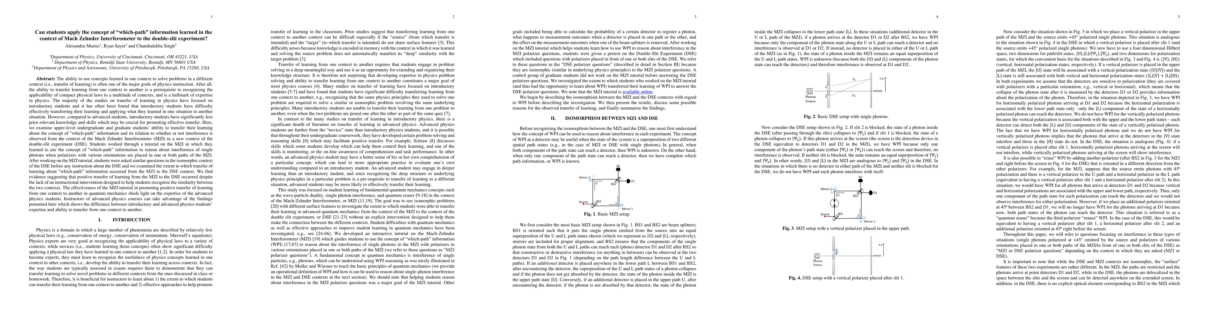 Thumbnail for Can students apply the concept of "which-path" information learned in
  the context of Mach Zehnder Interferometer to the double-slit experiment?