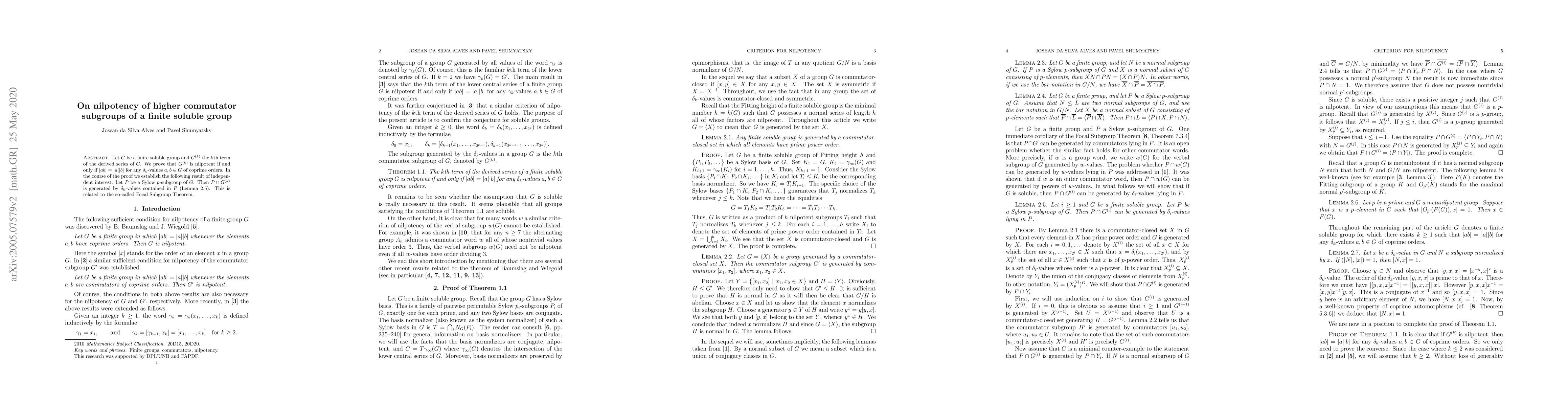 Thumbnail for On nilpotency of higher commutator subgroups of a finite soluble group