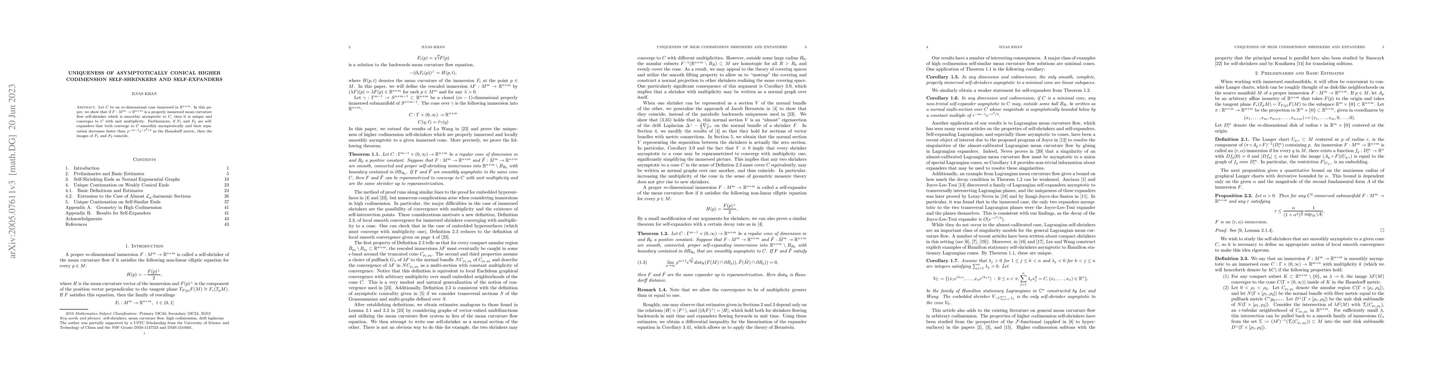 Thumbnail for Uniqueness of Asymptotically Conical Higher Codimension Self-Shrinkers
  and Self-Expanders
