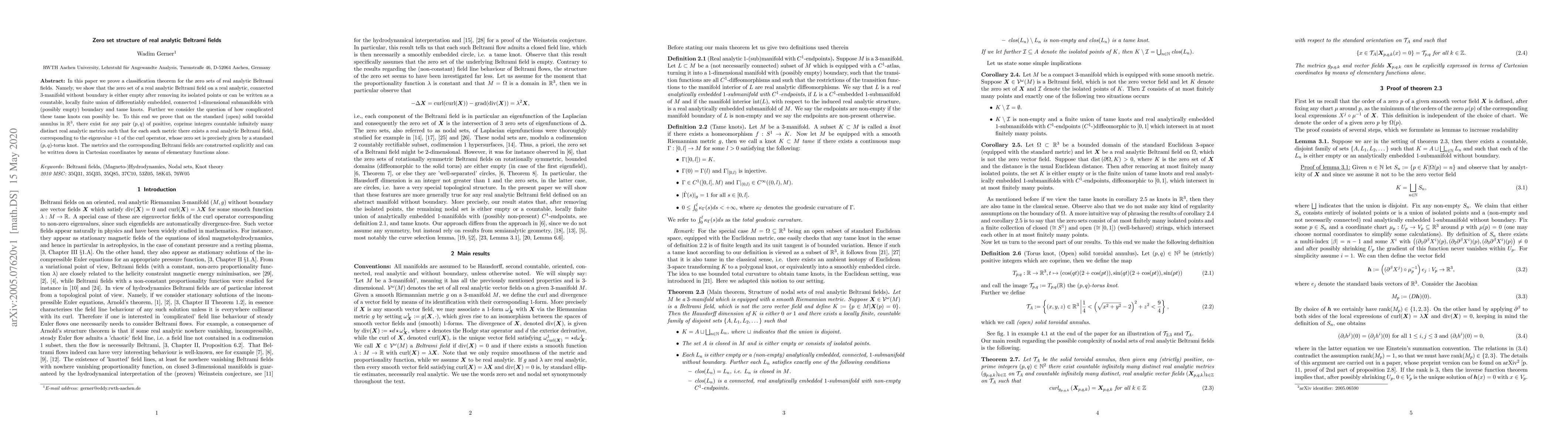 Thumbnail for Zero set structure of real analytic Beltrami fields