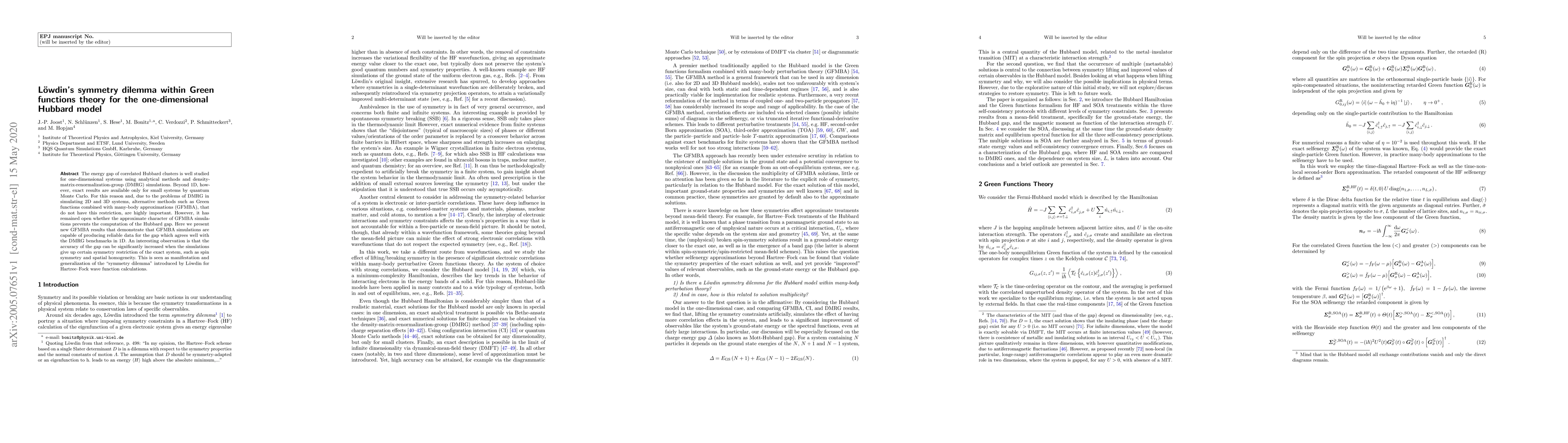 Thumbnail for L\"owdin's symmetry dilemma within Green functions theory for the
  one-dimensional Hubbard model