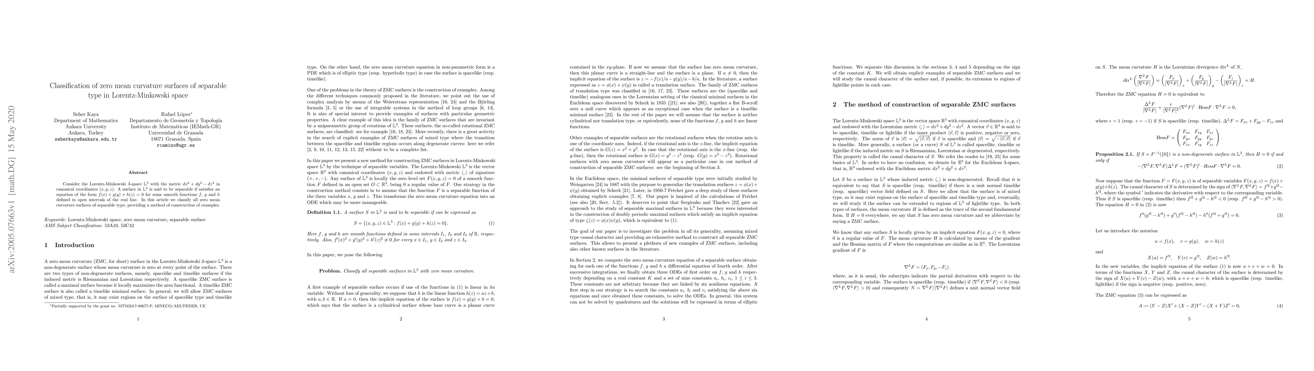 Thumbnail for Classification of zero mean curvature surfaces of separable type in
  Lorentz-Minkowski space
