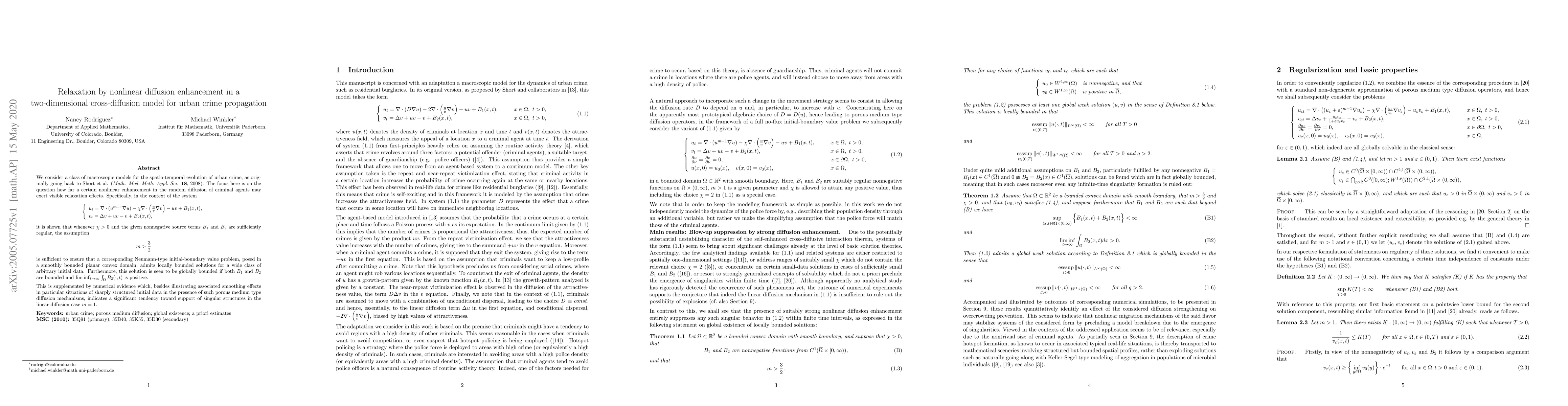 Thumbnail for Relaxation by nonlinear diffusion enhancement in a two-dimensional
  cross-diffusion model for urban crime propagation