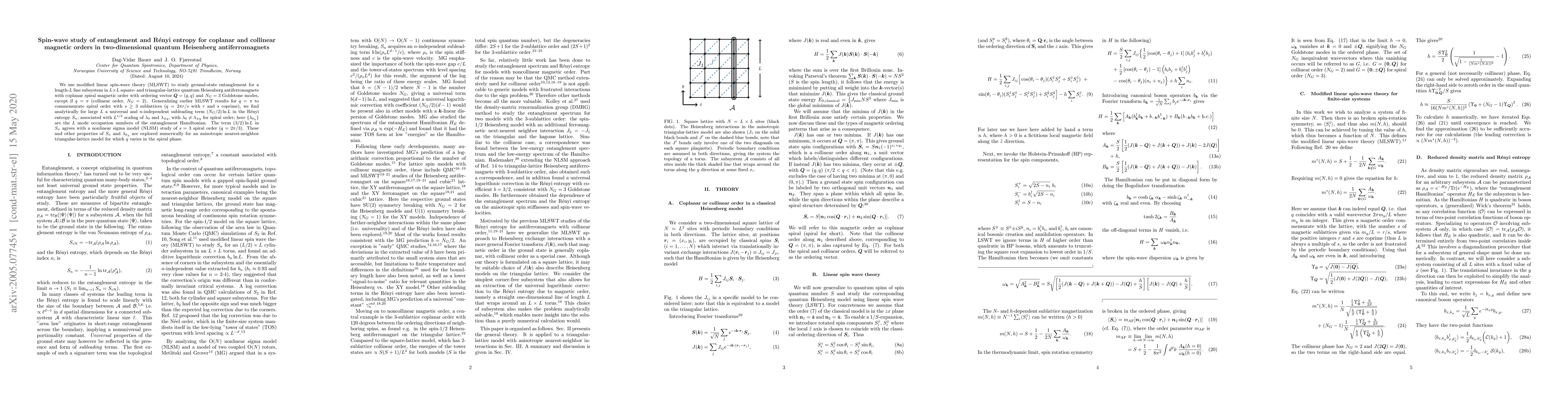 Thumbnail for Spin-wave study of entanglement and R\'{e}nyi entropy for coplanar and
  collinear magnetic orders in two-dimensional quantum Heisenberg
  antiferromagnets
