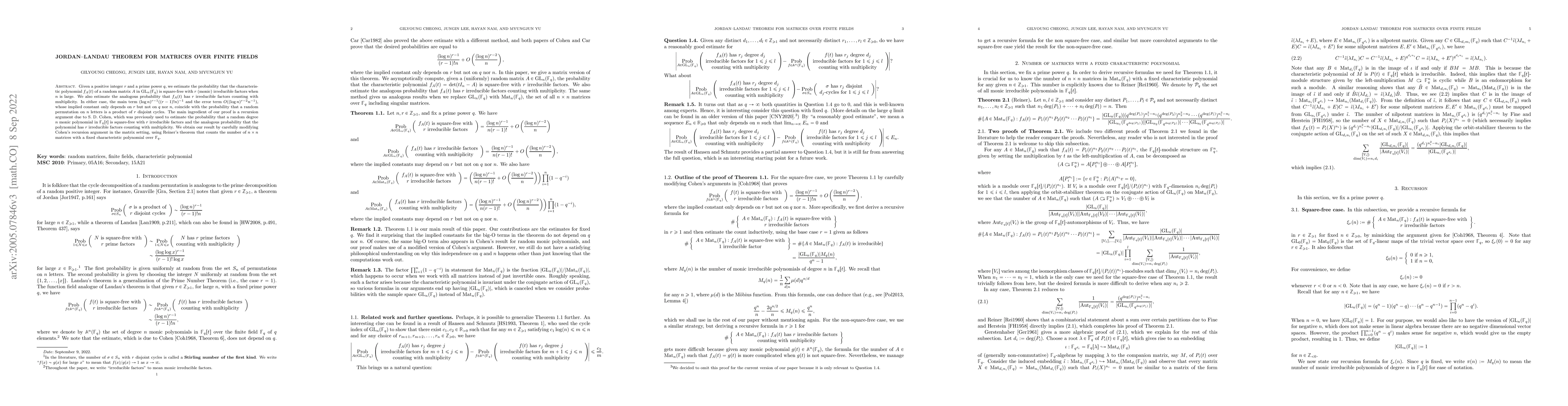 Thumbnail for Jordan--Landau theorem for matrices over finite fields