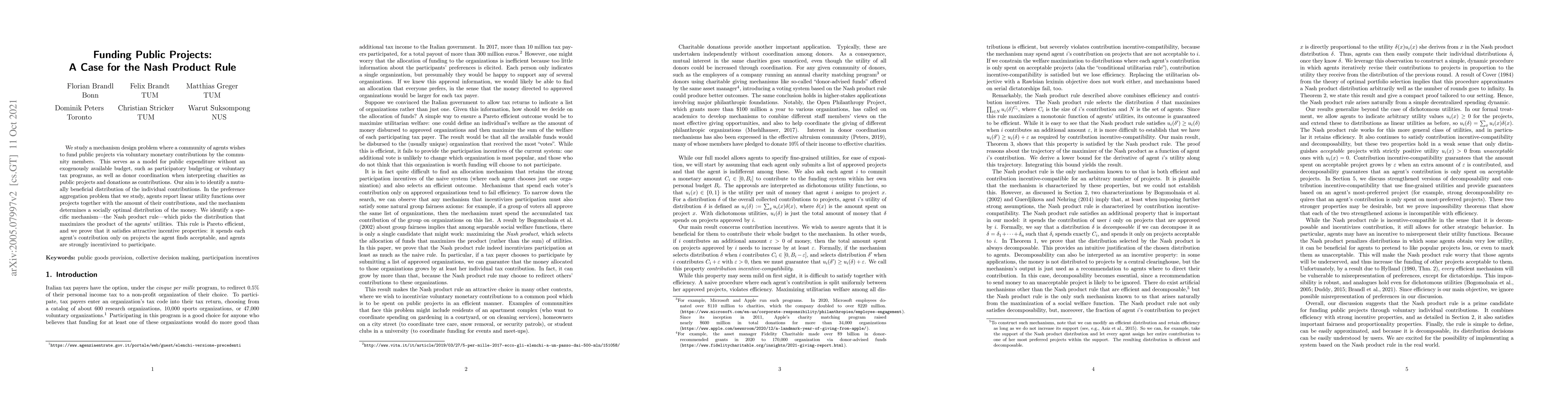 Thumbnail for Funding Public Projects: A Case for the Nash Product Rule