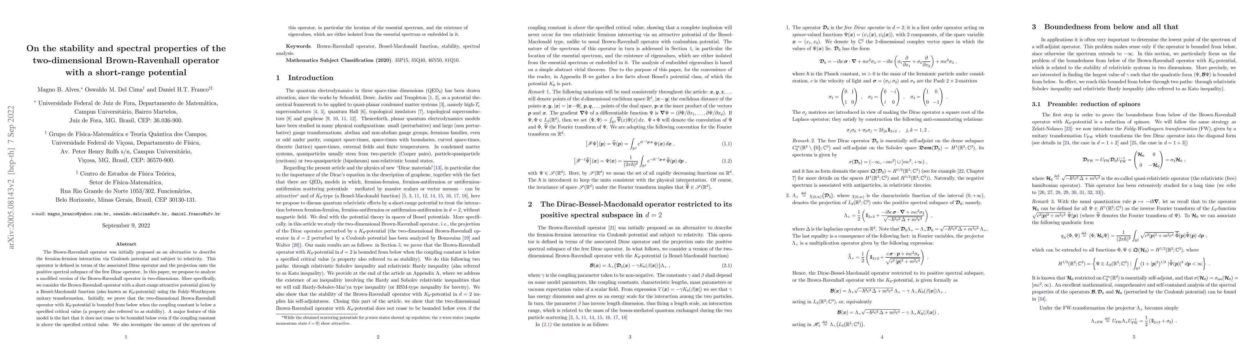 Thumbnail for On the stability and spectral properties of the two-dimensional
  Brown-Ravenhall operator with a short-range potential