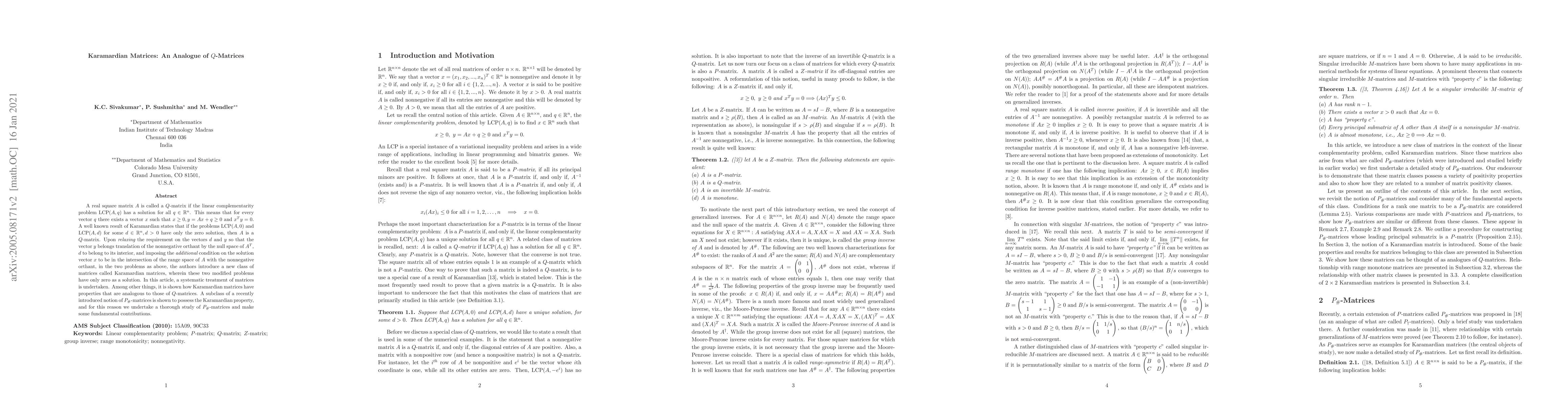 Thumbnail for Karamardian Matrices: A Generalization of $Q$-Matrices