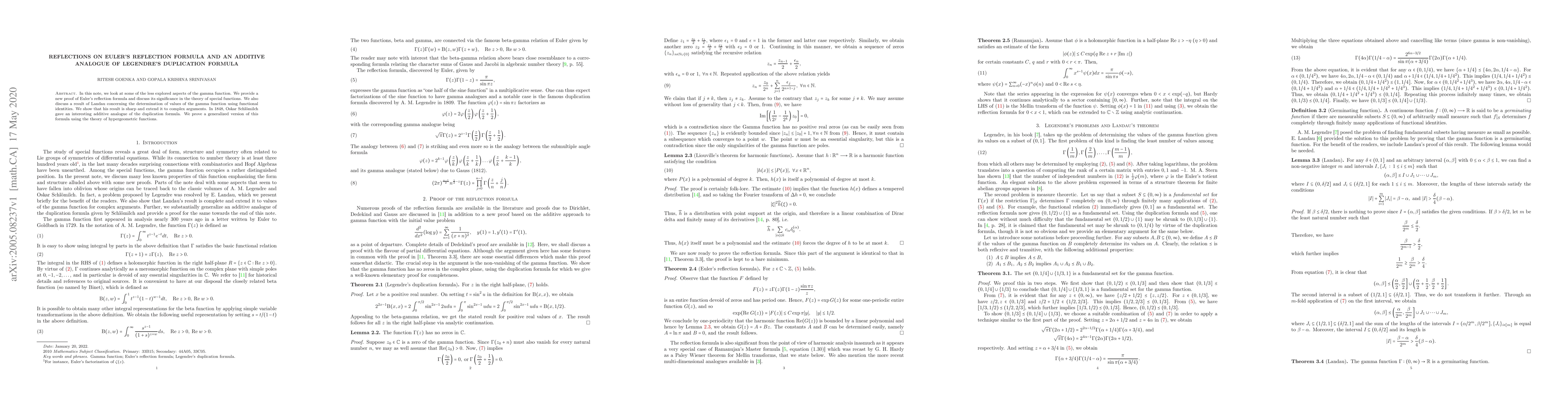 Thumbnail for Reflections on Euler's reflection formula and an additive analogue of
  Legendre's duplication formula