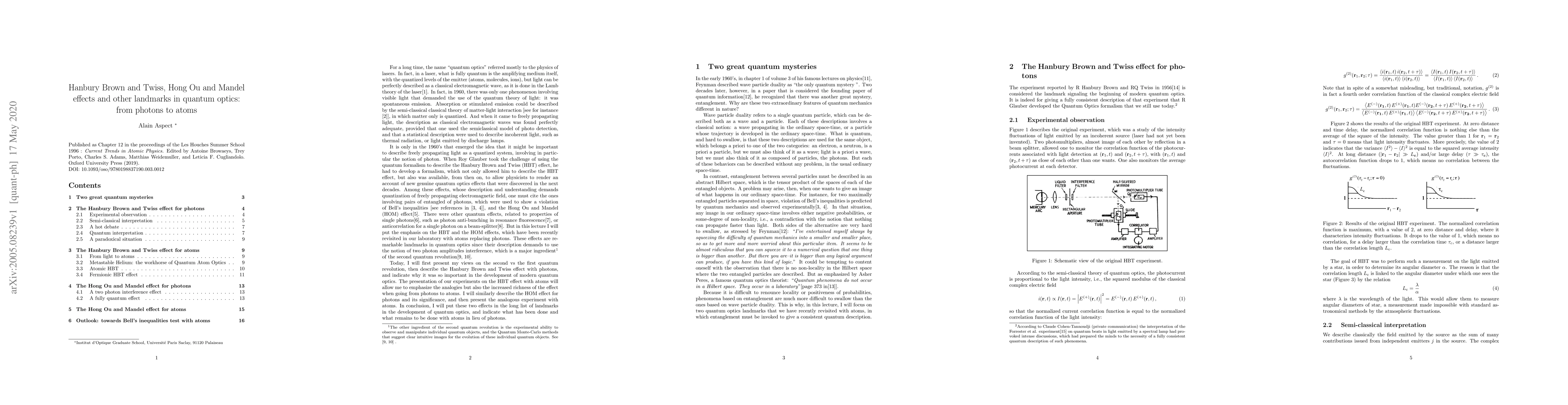 Thumbnail for Hanburry Brown and Twiss, Hong Ou and Mandel effects and other landmarks
  in Quantum Optics: from photons to atoms