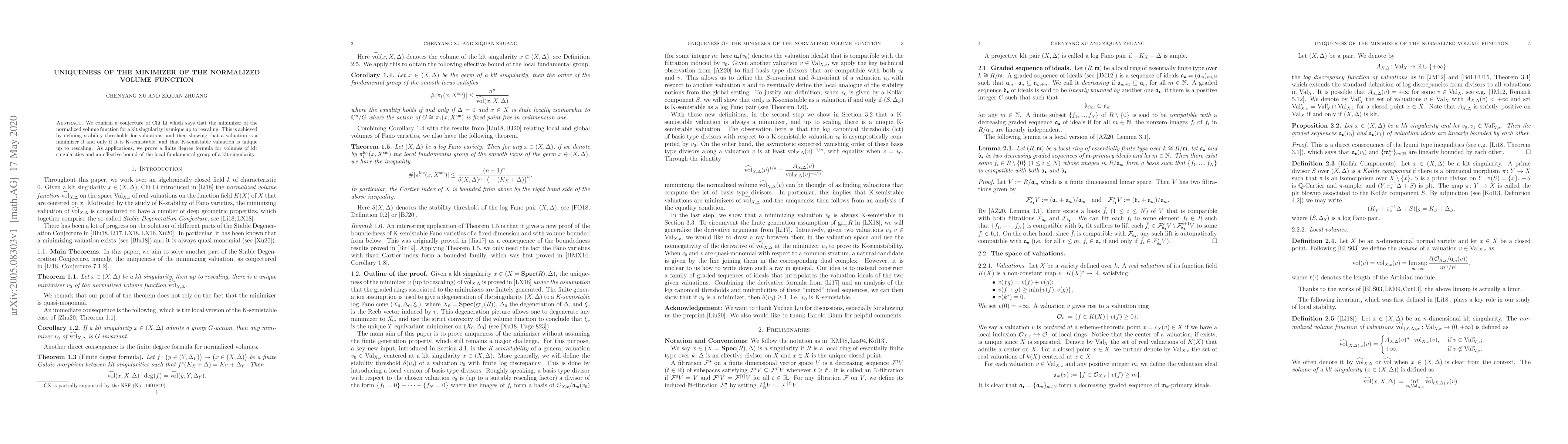 Thumbnail for Uniqueness of the minimizer of the normalized volume function