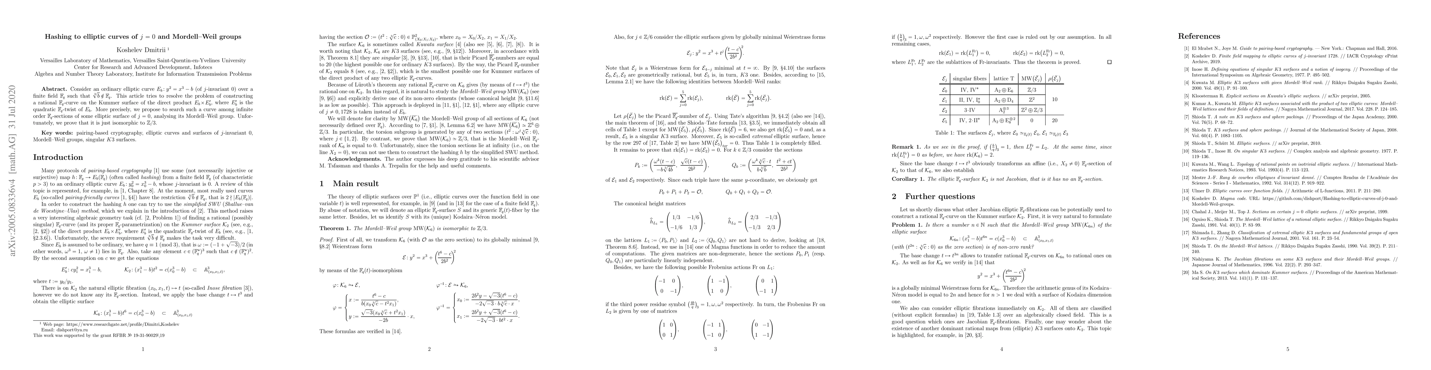 Thumbnail for Hashing to elliptic curves of $j=0$ and Mordell--Weil groups