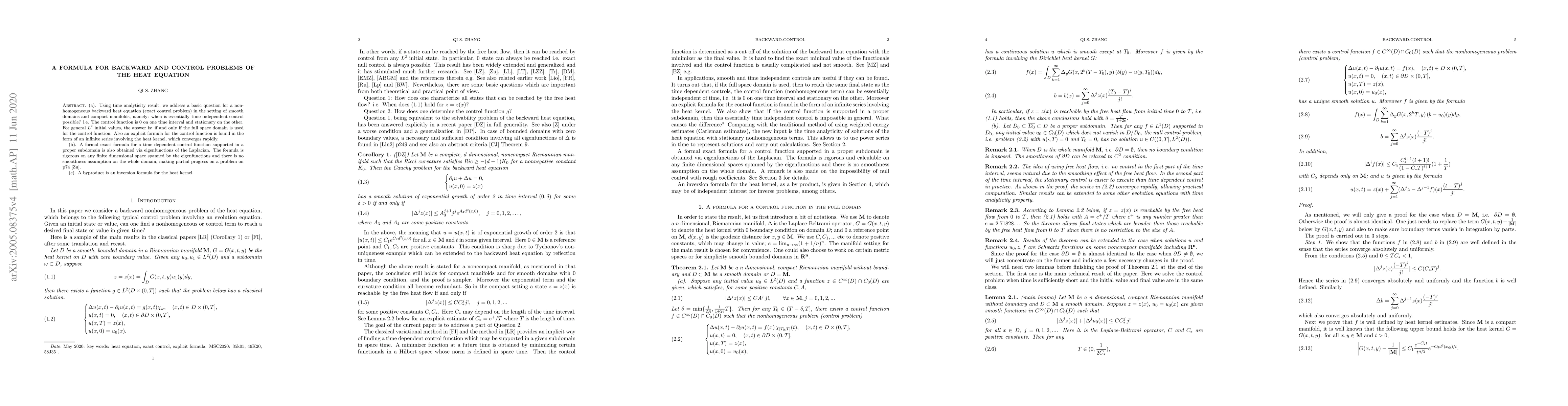 Thumbnail for A formula for backward and control problems of the heat equation