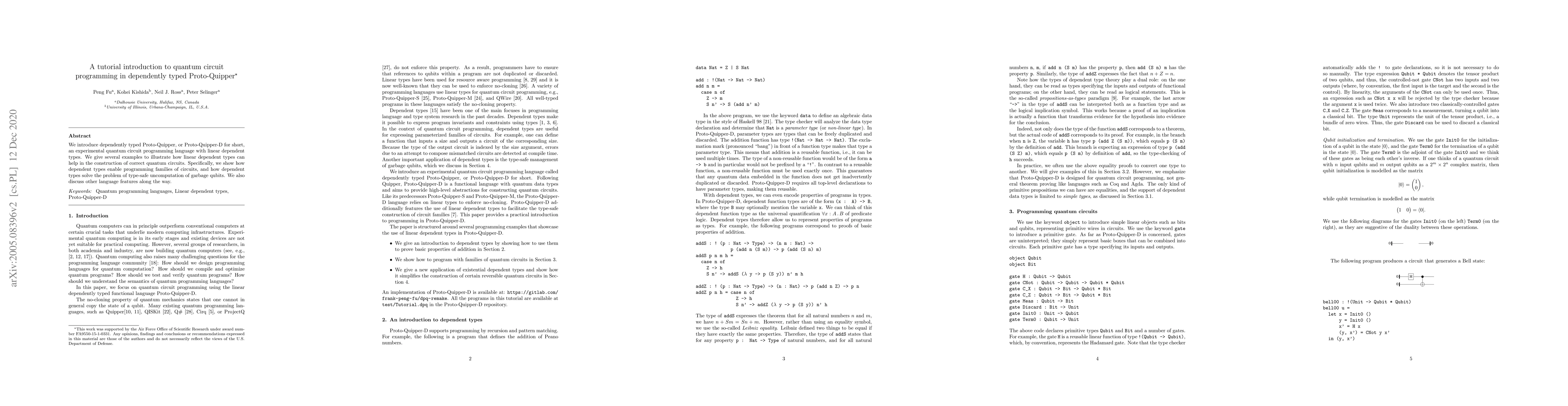 Thumbnail for A tutorial introduction to quantum circuit programming in dependently
  typed Proto-Quipper