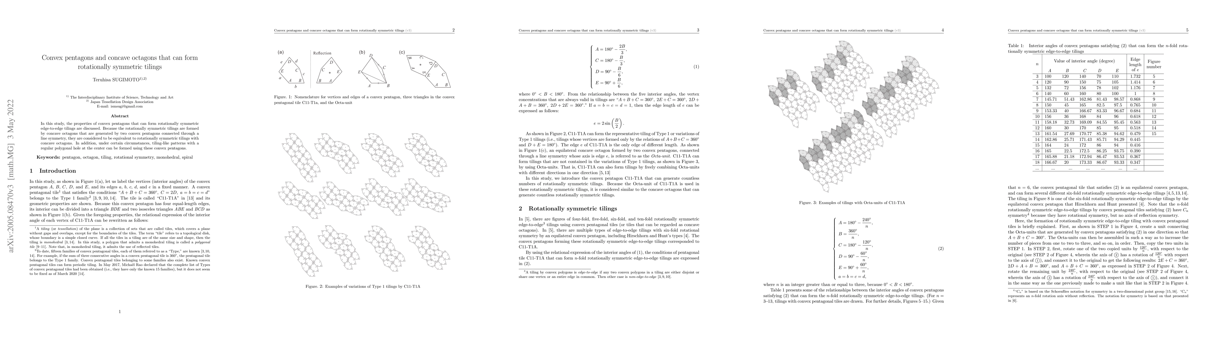Thumbnail for Convex pentagons and concave octagons that can form rotationally
  symmetric tilings