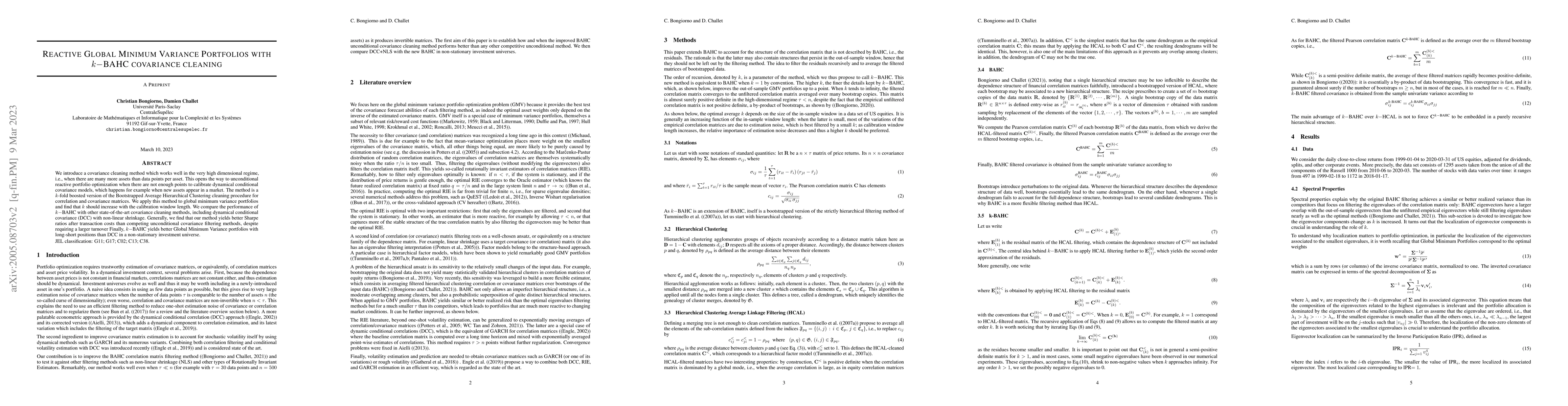 Thumbnail for Reactive Global Minimum Variance Portfolios with $k-$BAHC covariance
  cleaning