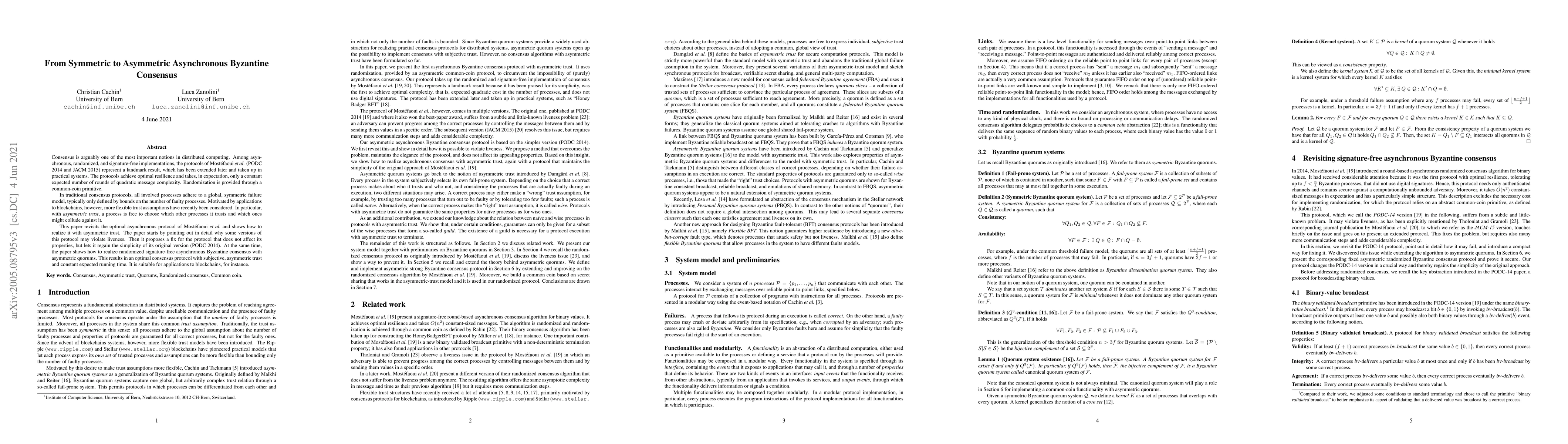 Thumbnail for From Symmetric to Asymmetric Asynchronous Byzantine Consensus