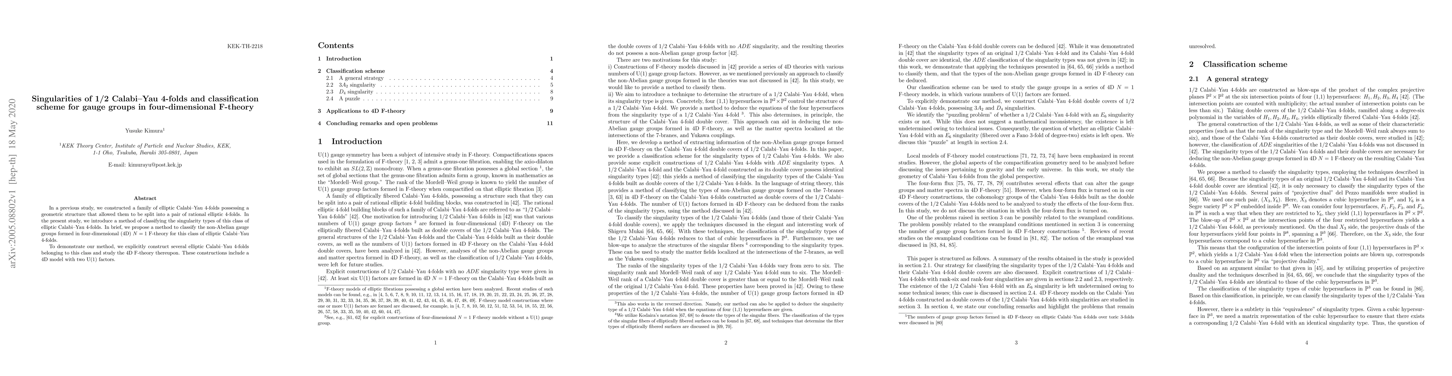 Thumbnail for Singularities of 1/2 Calabi-Yau 4-folds and classification scheme for
  gauge groups in four-dimensional F-theory