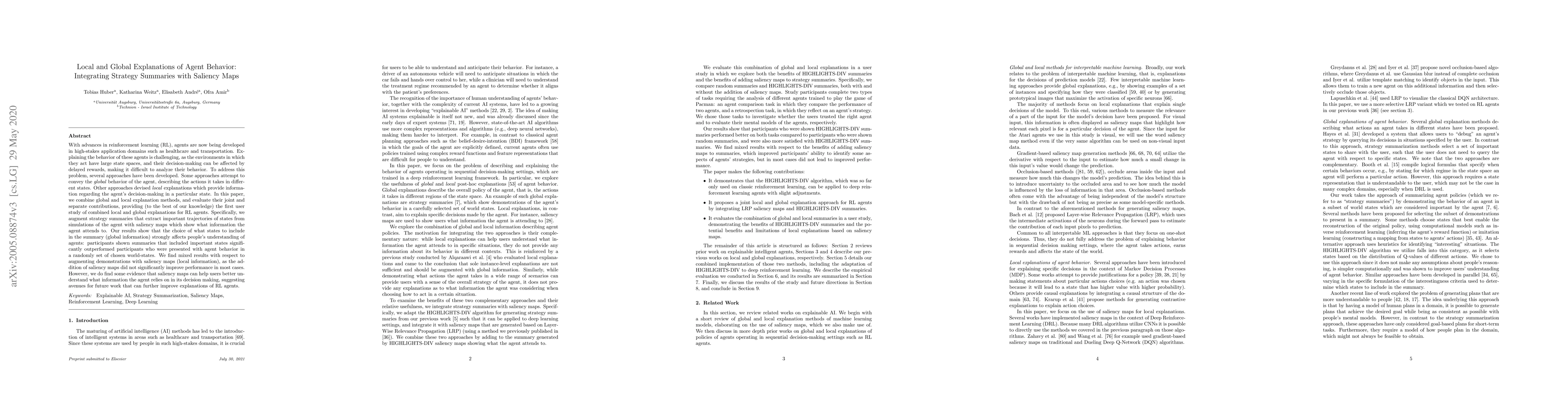 Thumbnail for Local and Global Explanations of Agent Behavior: Integrating Strategy
  Summaries with Saliency Maps