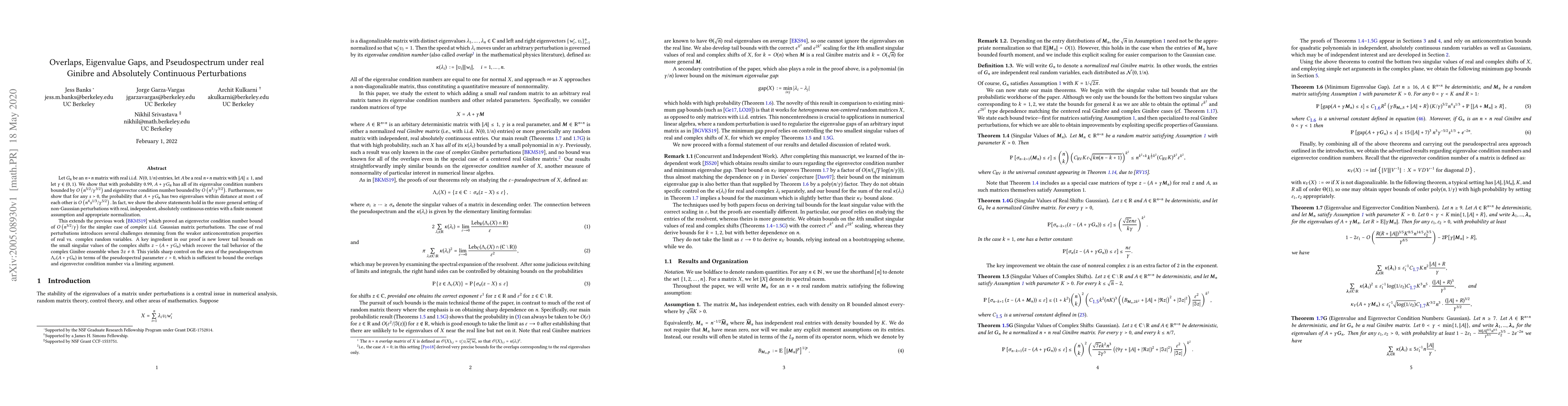 Thumbnail for Overlaps, Eigenvalue Gaps, and Pseudospectrum under real Ginibre and
  Absolutely Continuous Perturbations
