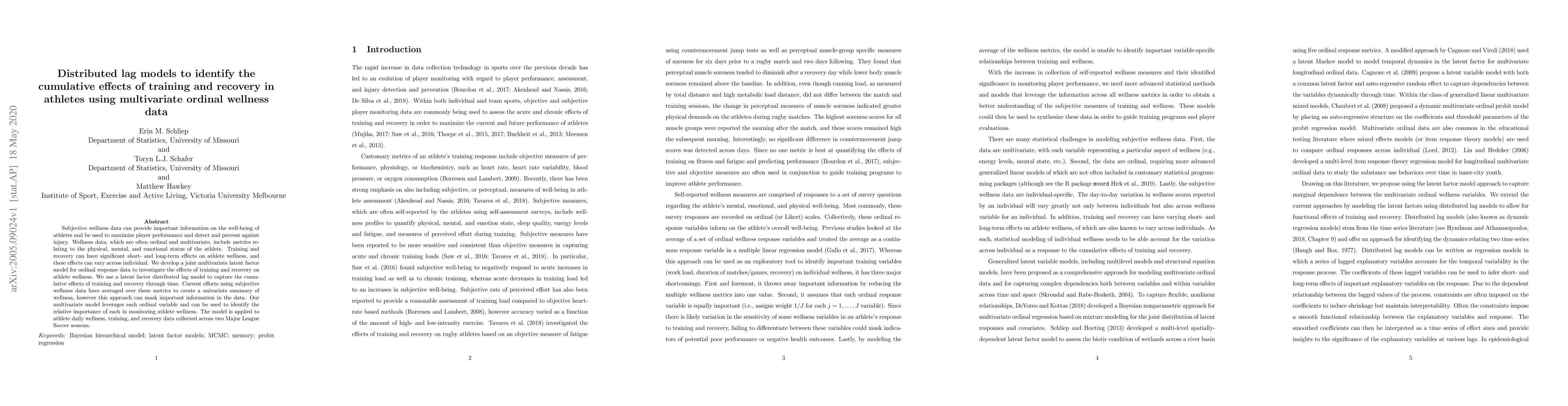 Thumbnail for Distributed lag models to identify the cumulative effects of training
  and recovery in athletes using multivariate ordinal wellness data