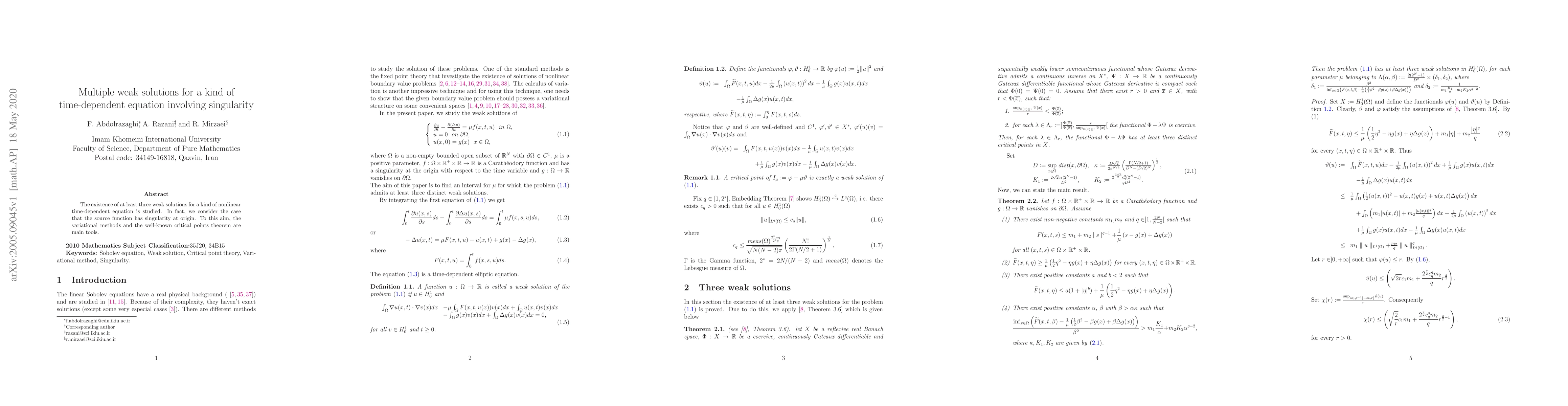 Thumbnail for Multiple weak solutions for a kind of time-dependent equation involving
  singularity