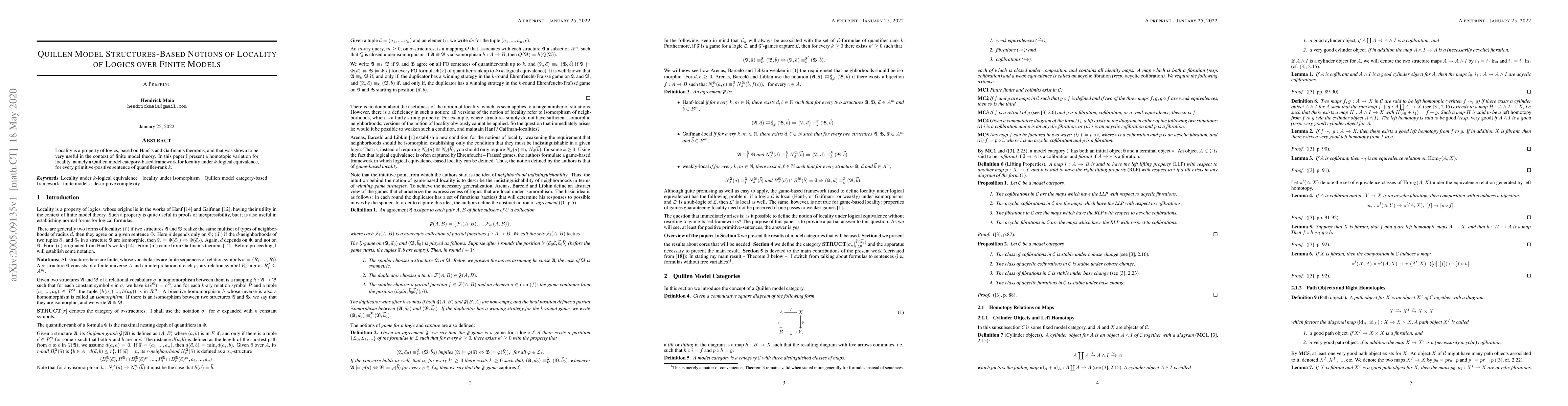 Thumbnail for Quillen Model Structures-Based Notions of Locality of Logics over Finite
  Models