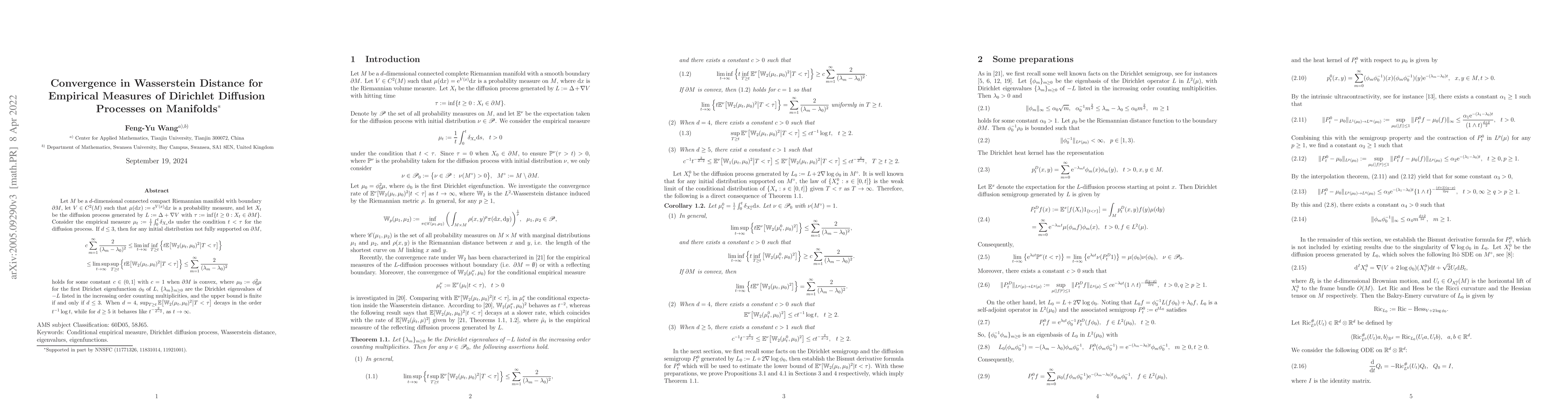 Thumbnail for Convergence in Wasserstein Distance for Empirical Measures of Dirichlet
  Diffusion Processes on Manifolds