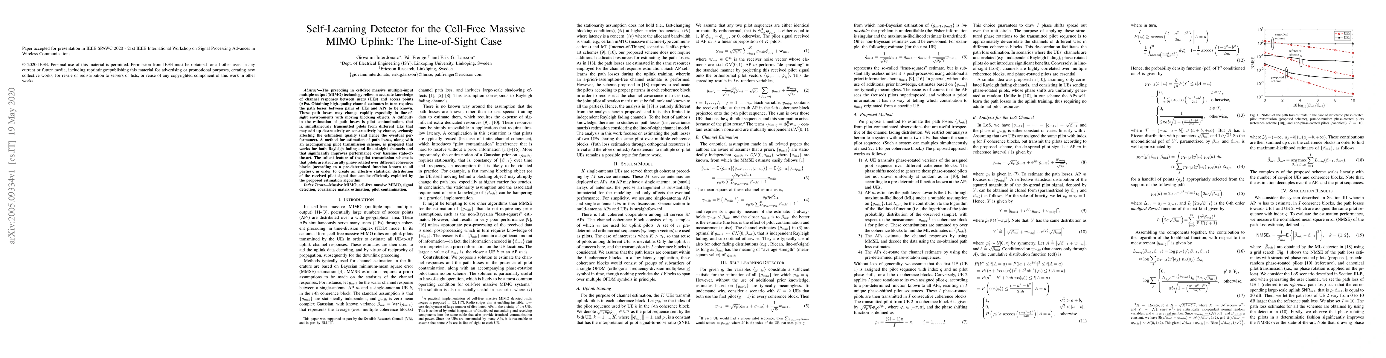 Thumbnail for Self-Learning Detector for the Cell-Free Massive MIMO Uplink: The
  Line-of-Sight Case
